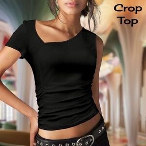 Summer of '24 Y2K Asymmetrical Ruched Slim Fit Crop Top in Black  NWT Size: SM